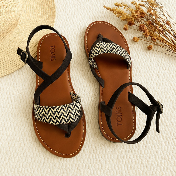 TOMS Lexie Sandal Black & White Geometric Weave | Women's Size 9 - Picture 1 of 6